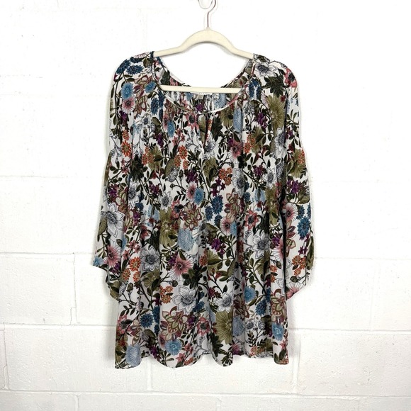 Spense Tops - Spense Floral Popover Tunic Plus Size 1X Bell Flare Sleeves BoHo Forest Fairy